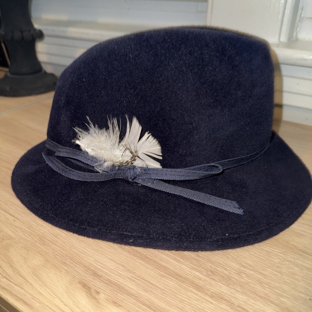 Vintage‎ Neiman Marcus Navy Wool Fedora Hat USA Made One Size